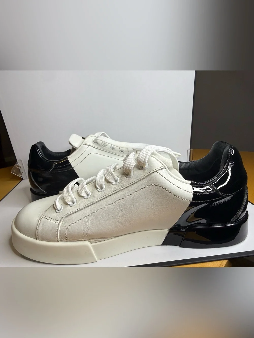 Dolce & Gabbana White Leather Lace-Up Sneakers with Gray Logo Detail